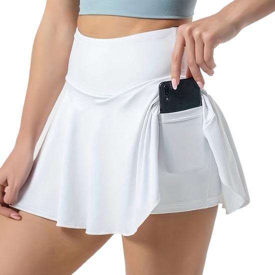 Yoga Skort High Waist Pure Color Women Sports Skirt with Inner Shorts Stretchy Soft Fabric Pocket Design Tennis Skort