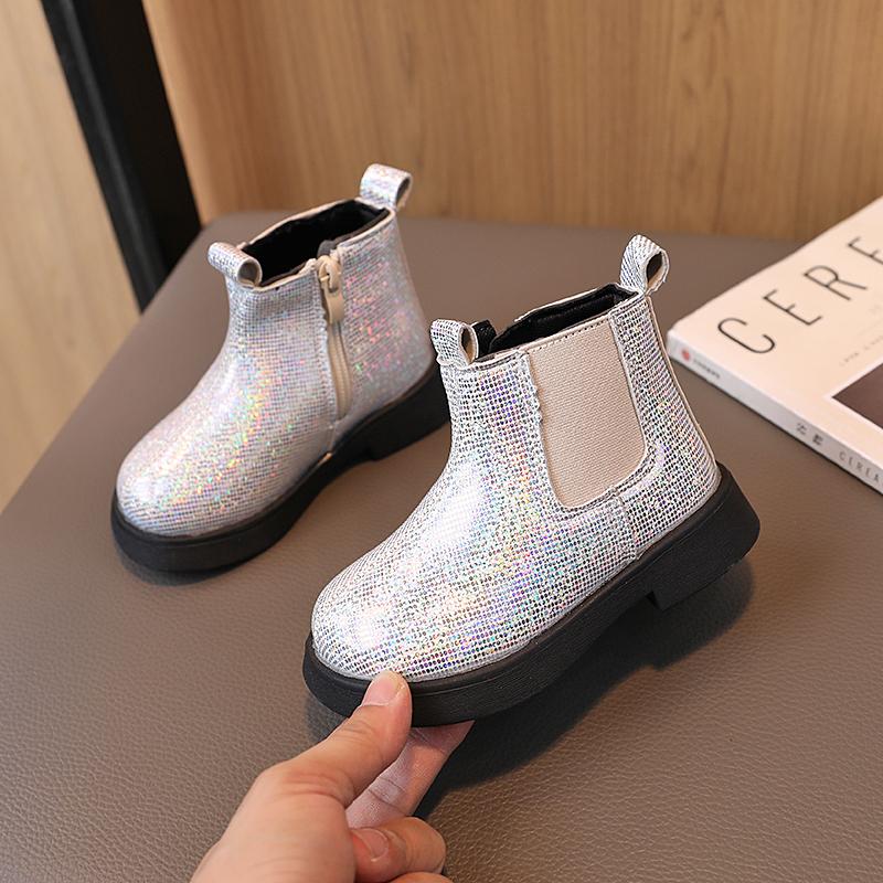 Autumn Spring Children Short Boots Girls Crystal Chelsea Boots Little Princess Bling Bling Baby Shoes Kids Leather Boots 21 серебряный