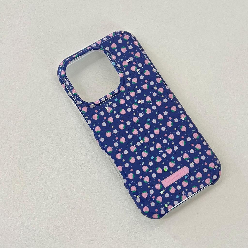 Korean Style Strawberry iPhone 14/15/16/17 Pro Max Blue Phone Case for Women