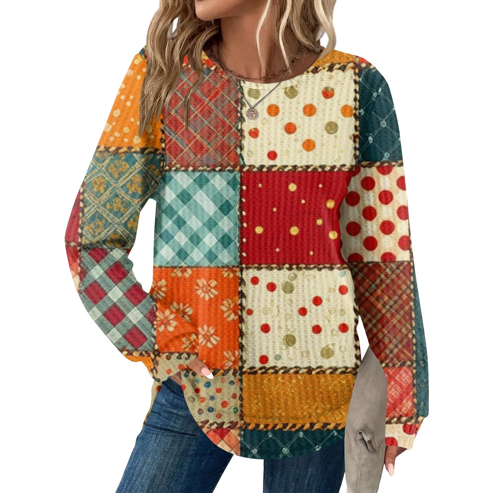 Women s Plaid Print Round Neck Long Sleeve Casual Loose Top L бежевый