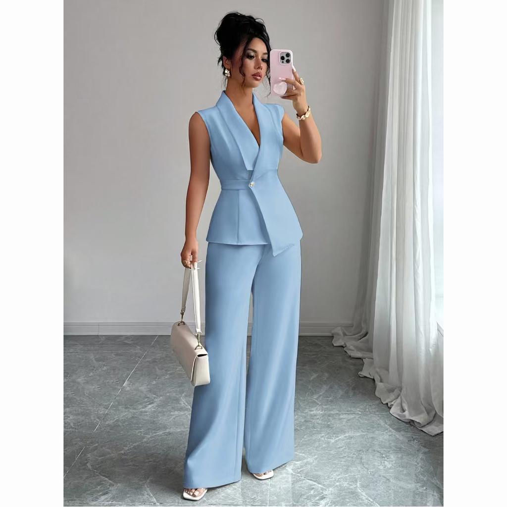 European and American Elegance Solid Color Vest and Straight Leg Pants Set for Women