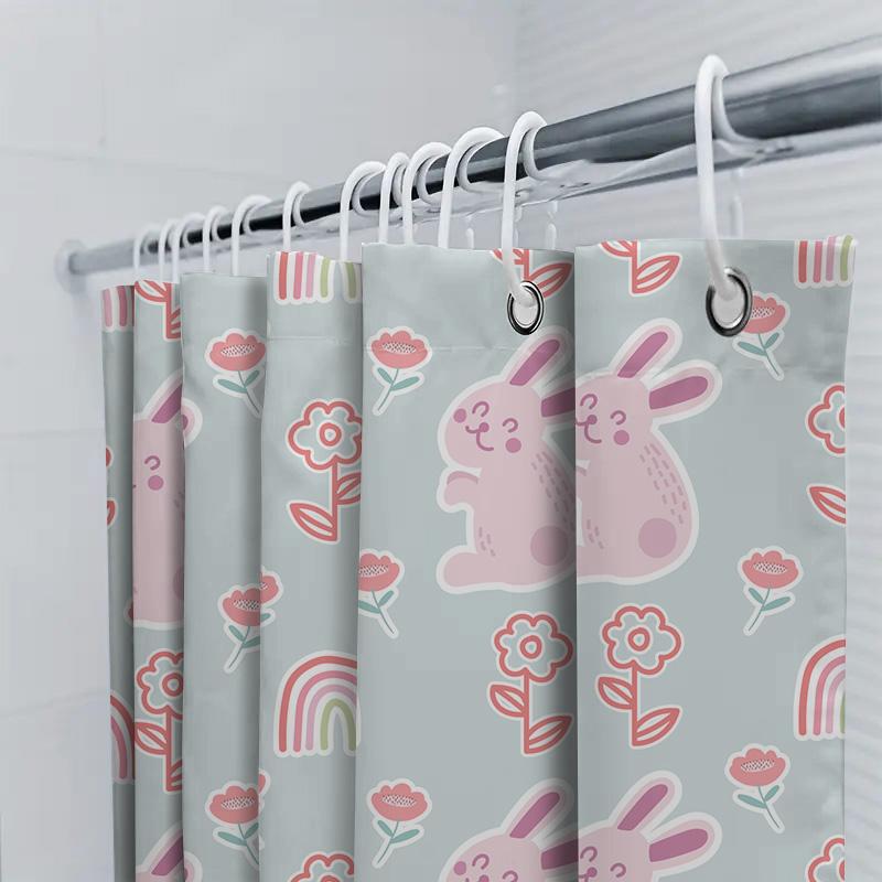 Cute Bunny Rabbit Shower Curtain With Flowers Rainbow Design Waterproof Fabric For Bathroom Decor In Light Blue Color (Size: 72X
