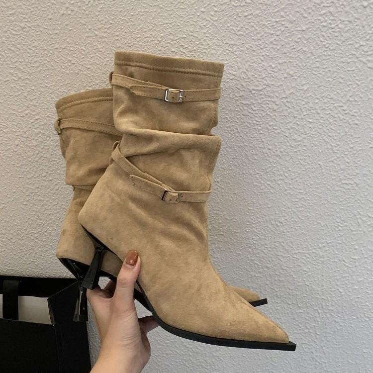 

Autumn and Winter New European and American Thin Heel Pointed Stacked Boots Western Cowboy Knight Retro Women s Short Boots 43 хакі