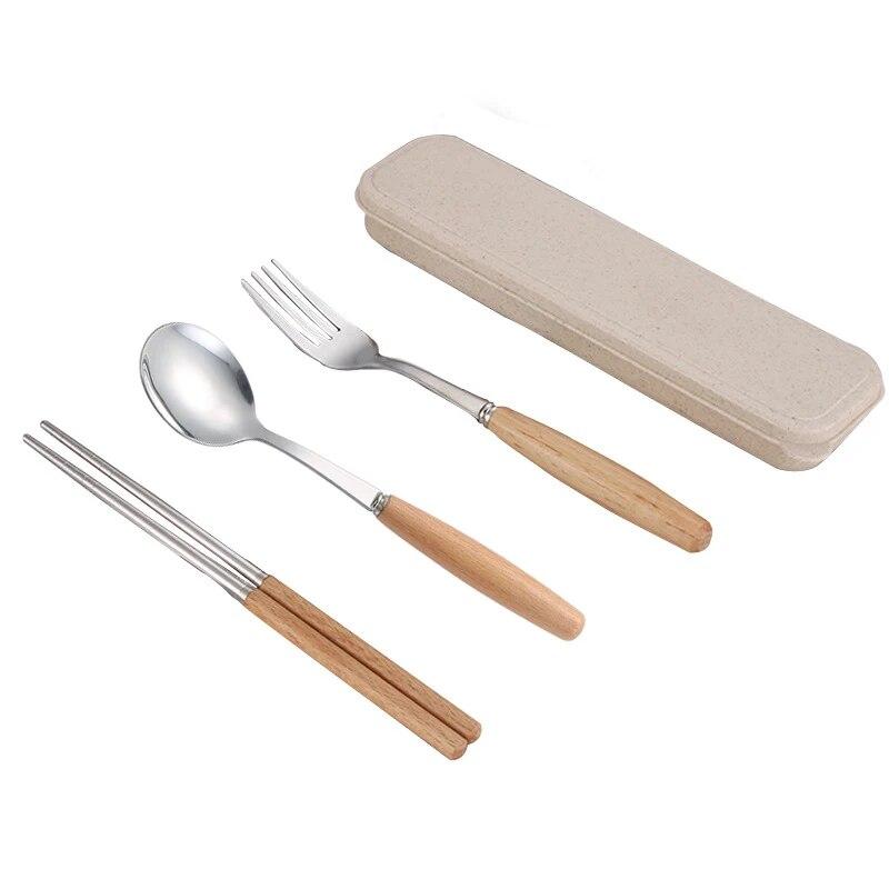 

1 набор креативных столовых приборов из нержавеющей стали с деревянной ручкой и переносной набор из трех предметов: ложки, вилки и палочки для еды с коробкой