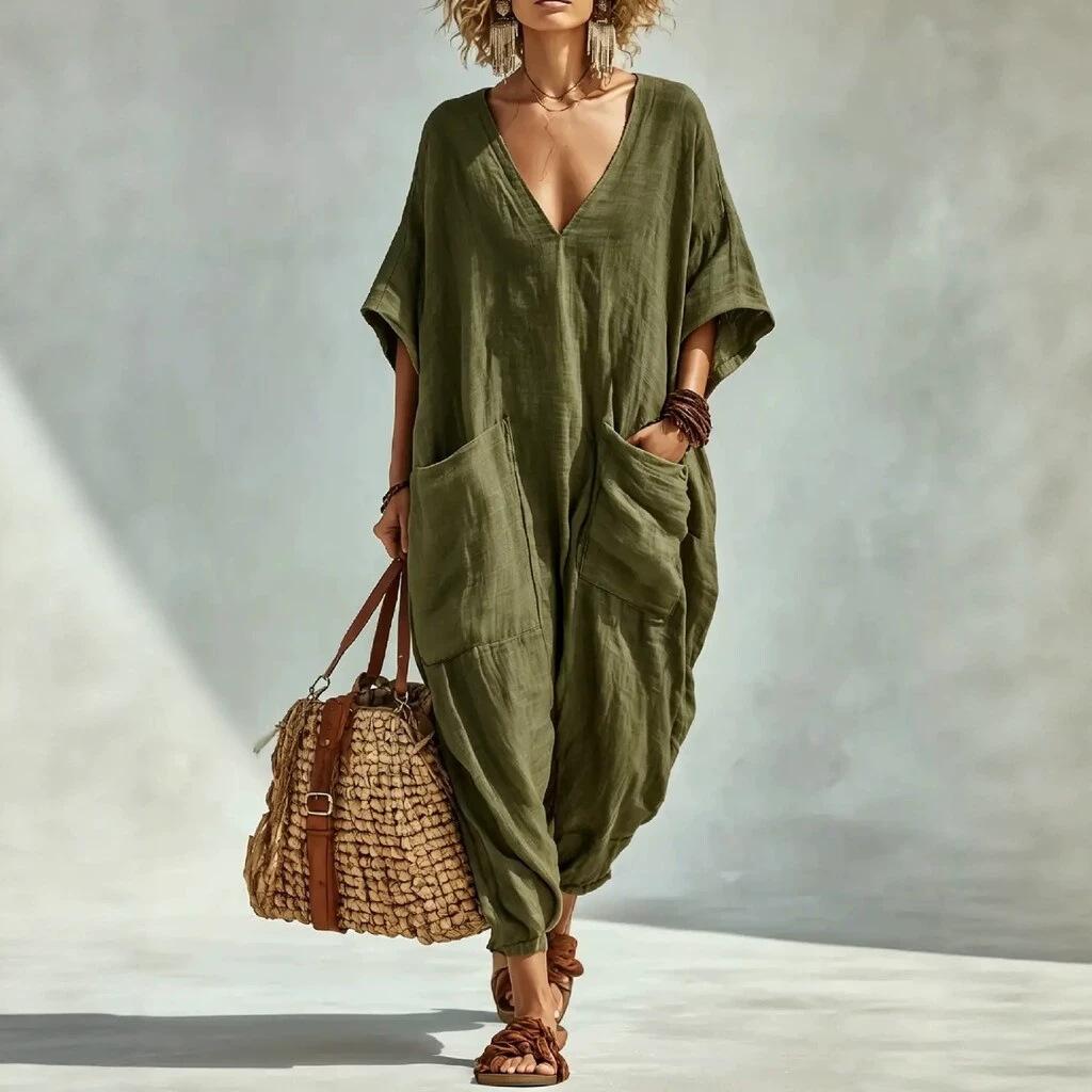 Women V Neck Short Sleeve Plunging Jumpsuit Casual Wide Leg Loose Fit Baggy Romper With Big Side Pockets Solid Color Summer Overalls