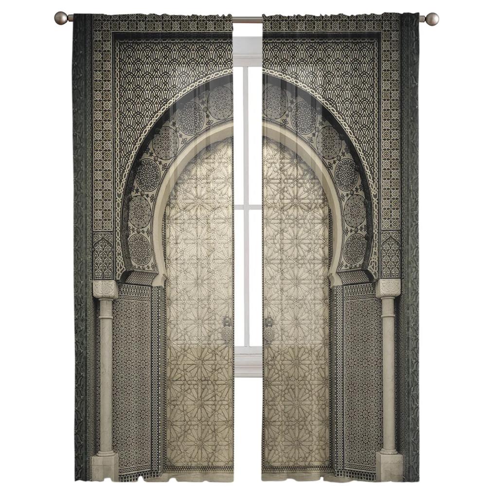 Moroccan Medieval Vintage Door Chiffon Sheer Curtains for Living Room Bedroom Home Decoration Window Voiles Tulle Drapes Curtain
