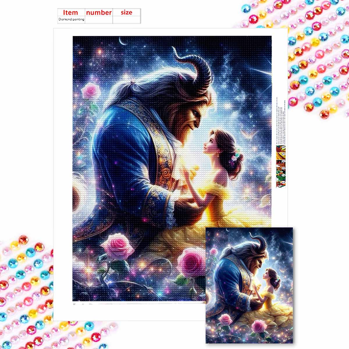 

5D DIY Diamond Art Painting Kits for Adults, Princess and The Beast Full Round Crystal Diamond Kits for Beginner for Home Wall Decorate Round 20x30cm