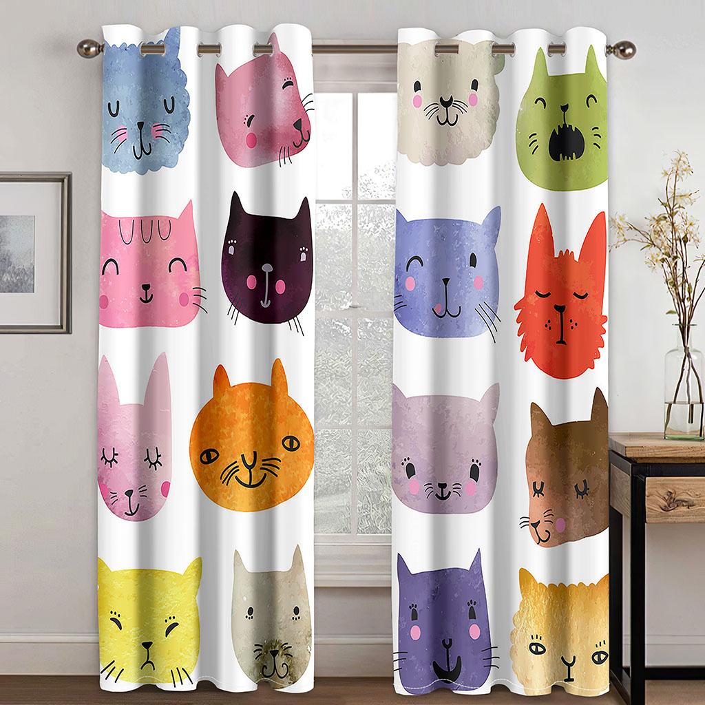 Cute Cartoon Cat Kawaii Window Curtains for Living Room Children and Kids Cartoon Mountains Forests Living Room Bedroom Decor