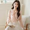 Fashion New  Autumn Long Sleeve Lace-Up Bow Collar Print Chiffon Blouse Shirt Women Tops Blouses Shirts J415