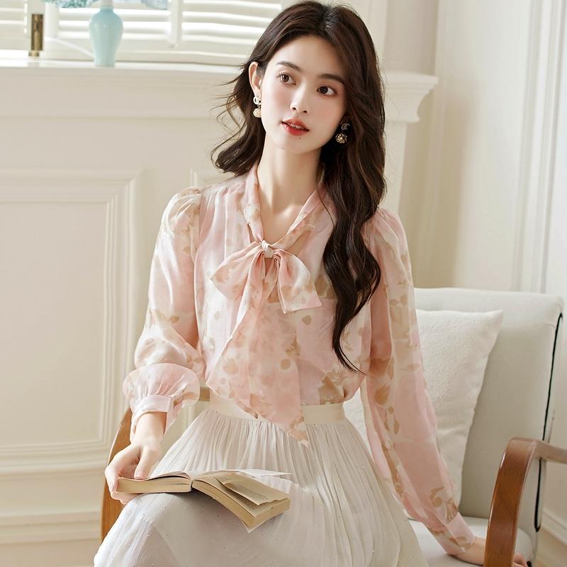 Fashion New Autumn Long Sleeve Lace-Up Bow Collar Print Chiffon Blouse Shirt Women Tops Blouses Shirts J415