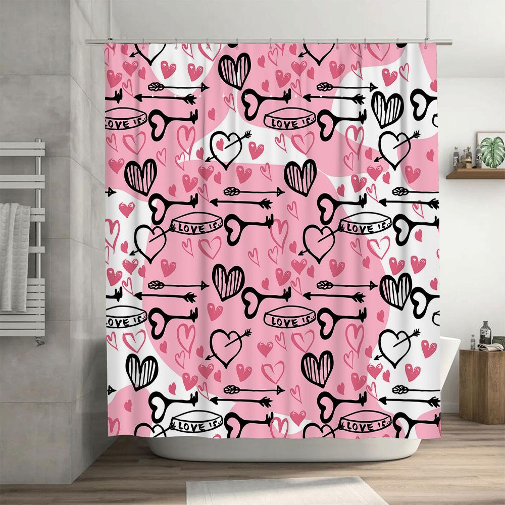Pink Love Heart Shower Curtain Decorative Bathroom Rug Waterproof Washable Polyester Printed with Bow Arrow Key Design (One Size