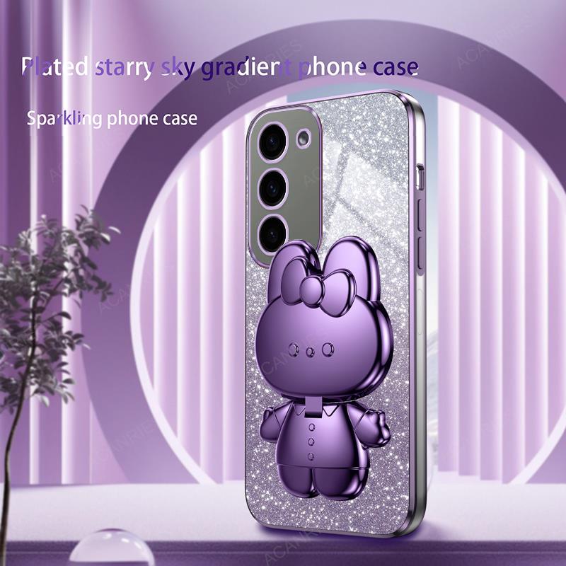 Cute 3D Rabbit Makeup Mirror Stand Plating Case For Samsung Galaxy S23 Ultra S22 Plus 5G S21 S20 FE Protect Back Cover S 23 22
