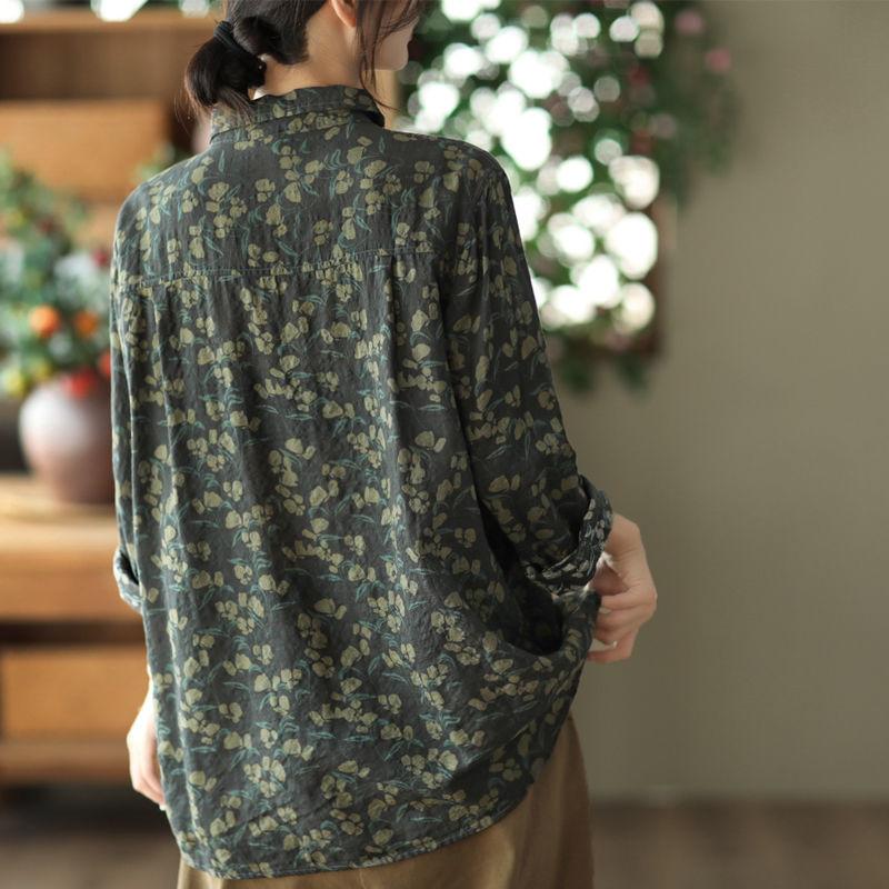Retro Printed Cotton Linen Shirt Women Casual New Autumn Long-sleeved Floral Top
