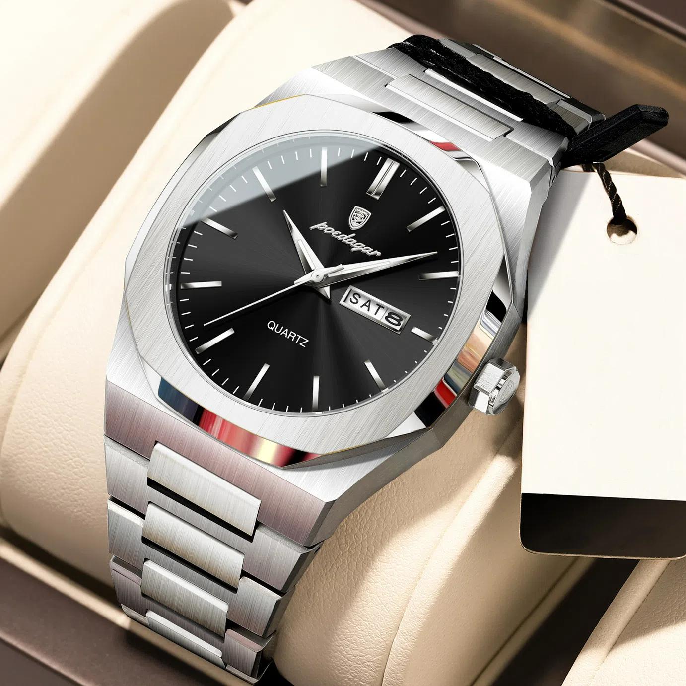 

POEDAGAR Лучшие роскошные мужские часы водонепроницаемые светящиеся календарные мужские наручные часы спортивные кварцевые мужские часы из нержавеющей стали серебряный/чёрный