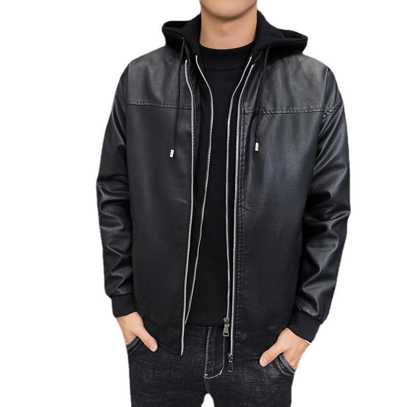 Nowy / płaszcz skórzany Męska luźna skórzana kurtka z kapturem Motocykl Casual Męski płaszcz bawełniany