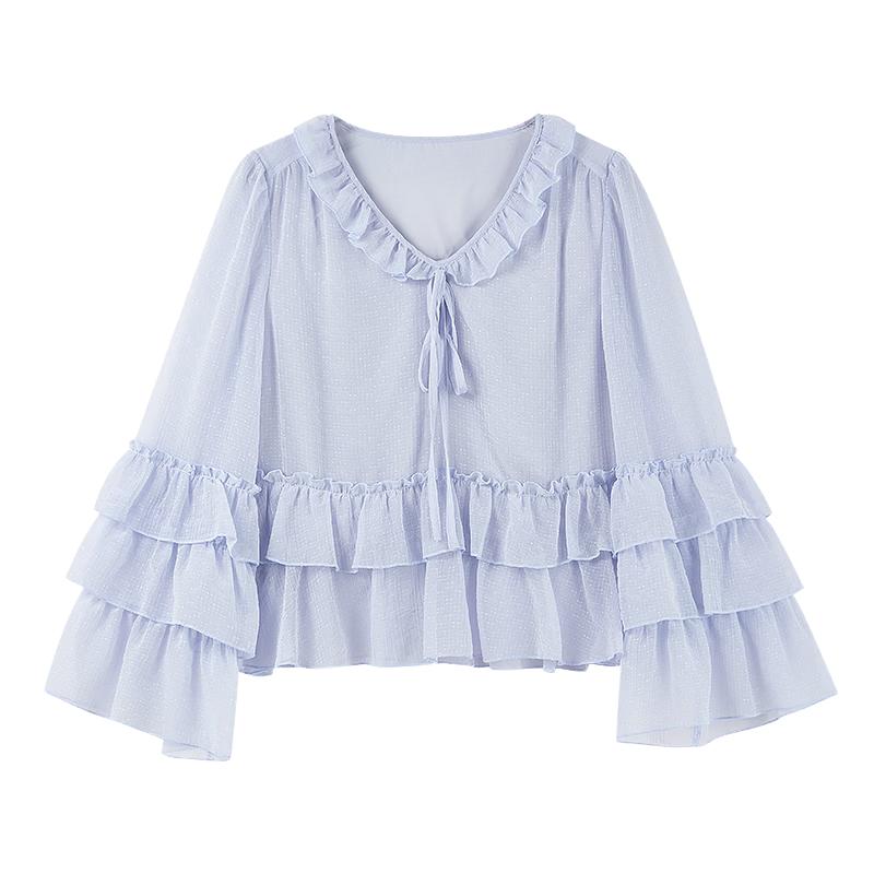 Qiusyiren Women s V-Neck Ruffle Long Sleeve Bow-Knot Blouse M