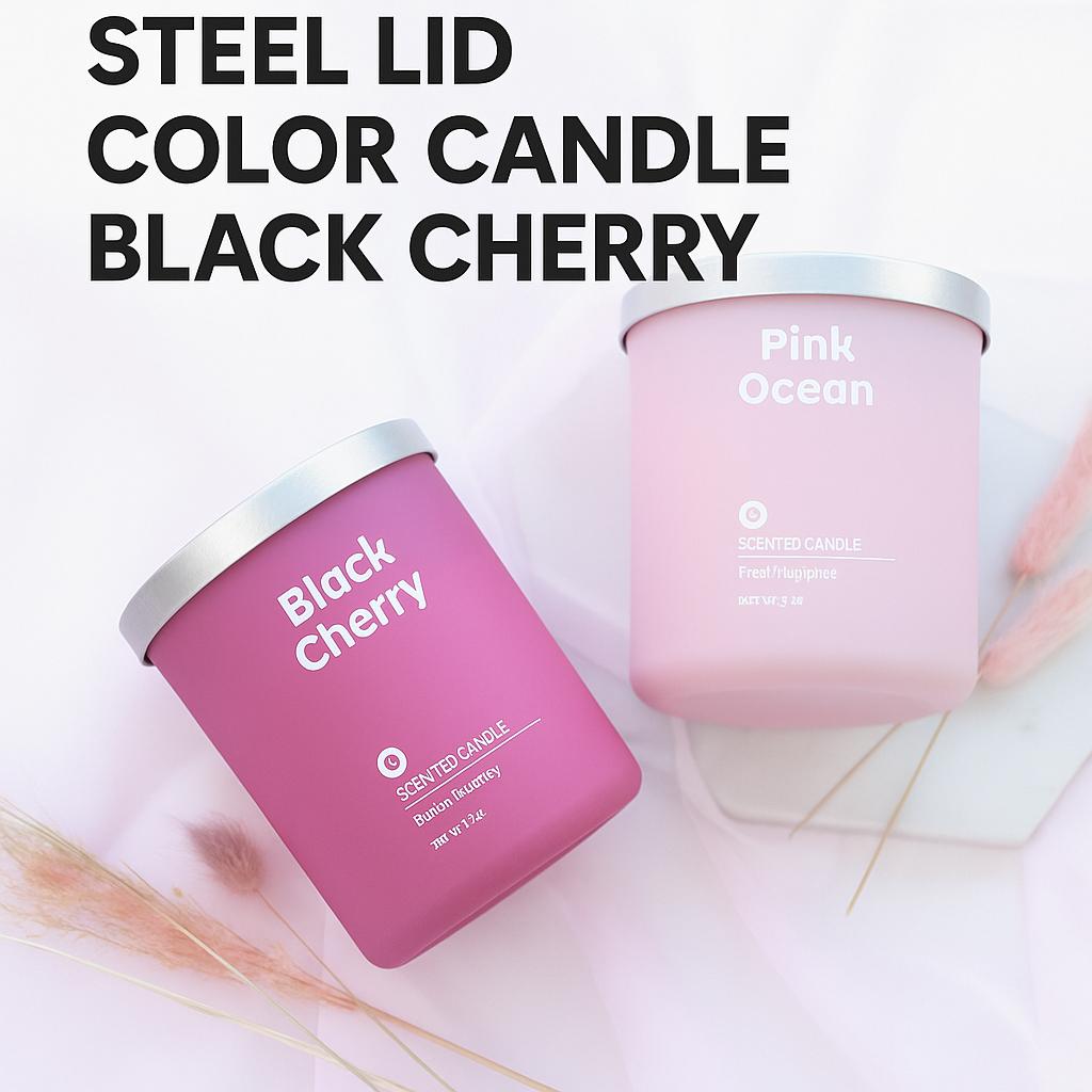 470g Luxury Black Cherry Scented Candle – High-Throw Aroma, Colored Glass Jar with Metal Lid for Lasting Elegance