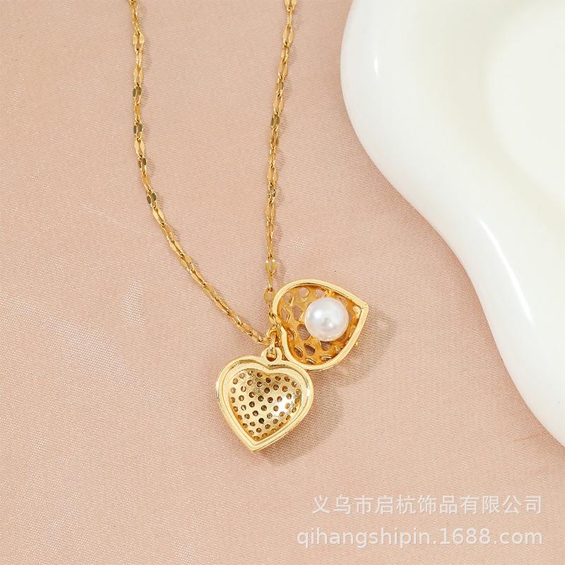 Peach Heart Necklace Women'S Light Luxury Style Simple And Versatile Temperament Shining Zircon Pearl Jewelry