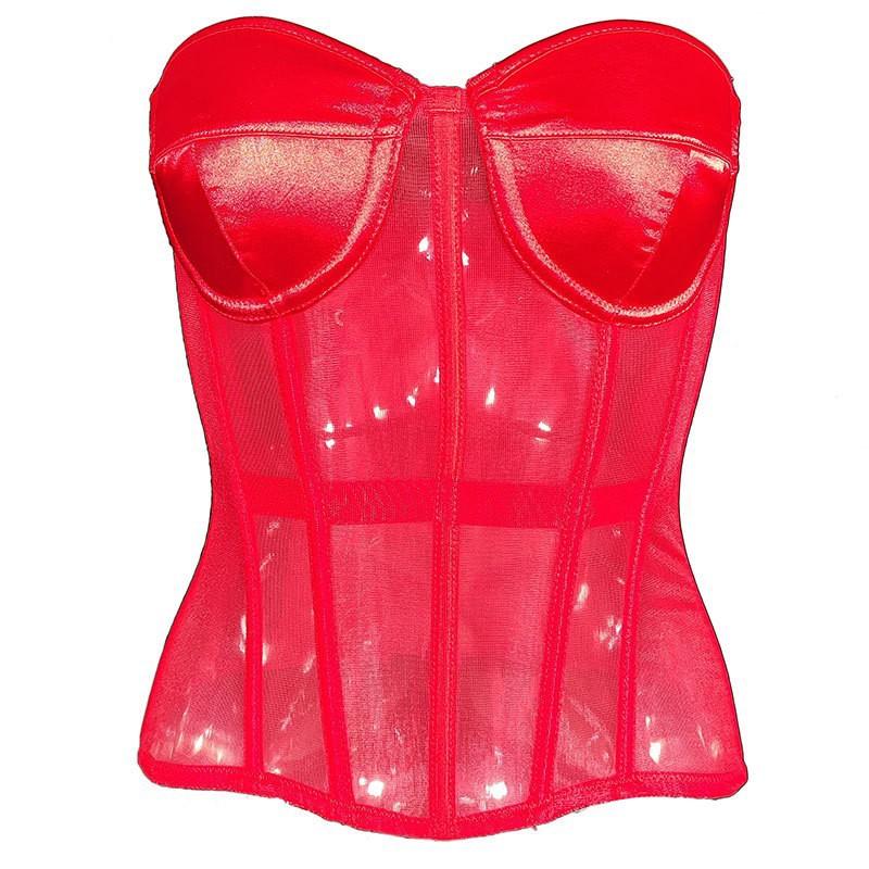 Dámský síťovaný korzetový bustier overbust těsný tvarující bez ramínek živůtek zeštíhlující pas svatební šněrovací s kosticemi