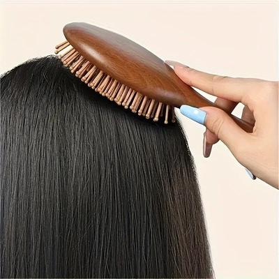 1 peça Pente de Almofada de Ar Entalhado à Mão em Sândalo com Dentes de Bambu, Escova Oval para Massagem do Couro Cabeludo para Todos os Tipos de Cabelo, Modelagem de Cabelo em Madeira