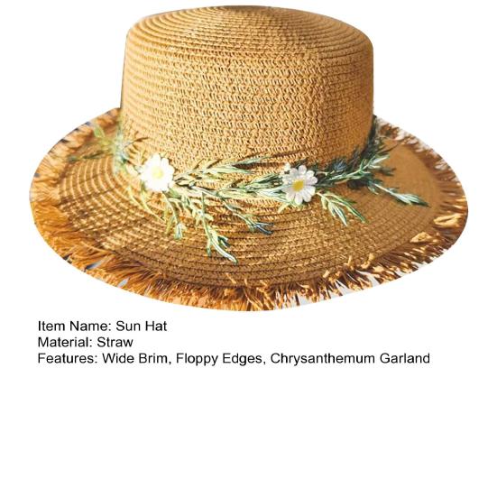 Sun Hat Wide Brim Floppy Edges Breathable Woven Straw Hat with Chrysanthemum Garland Lightweight Summer Beach Travel Hat