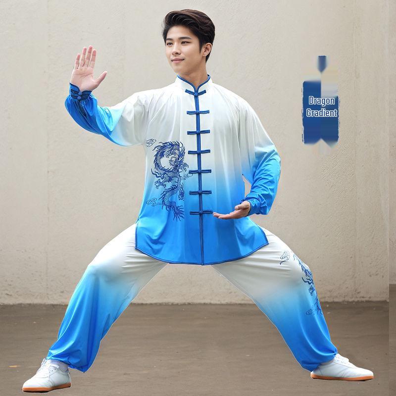 Blue & White Porcelain Gradient Tai Chi Suit: Embroidered Performance & Practice Attire for Women & Men.