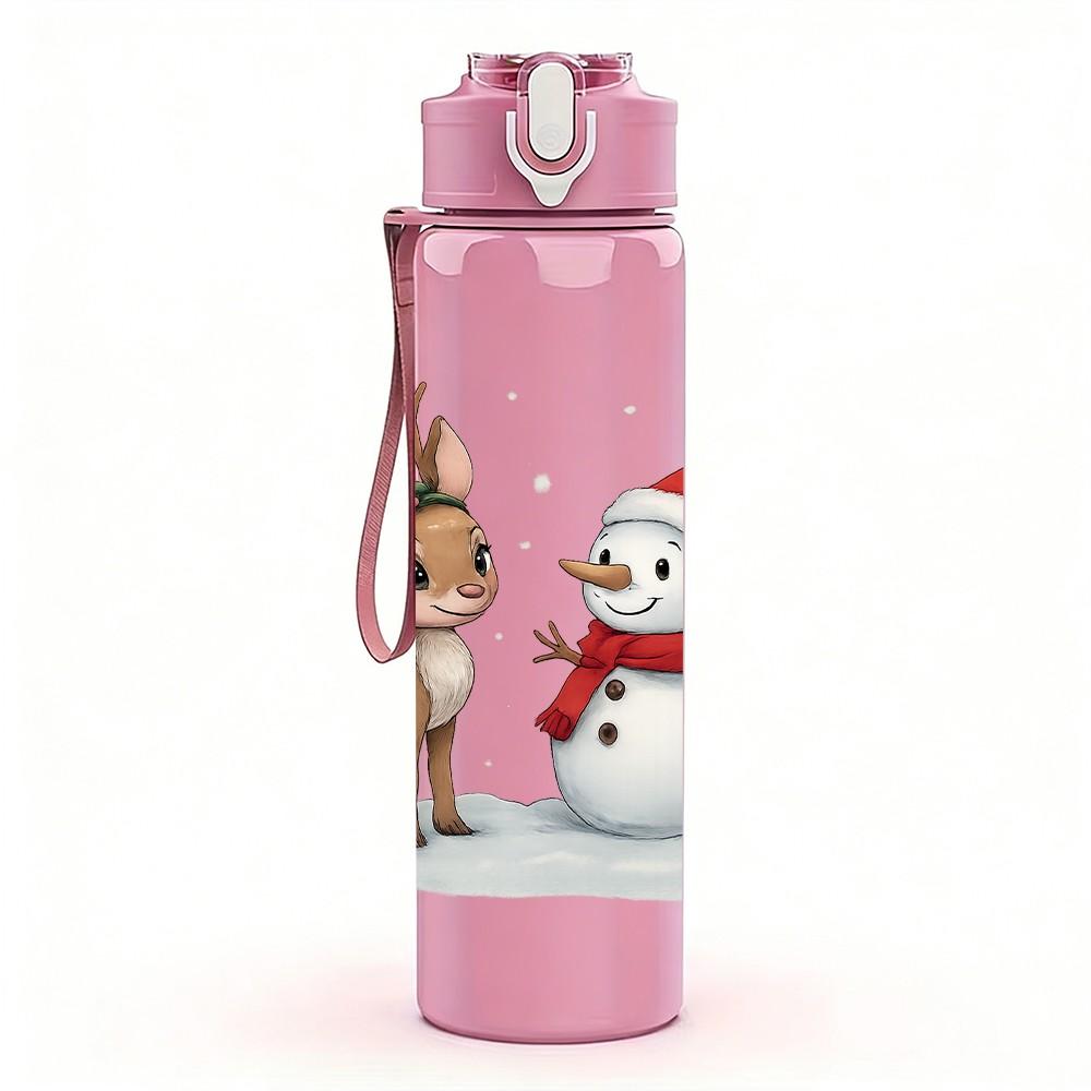 1PC Reindeer And Snowman Winter Print 750ml Color Plastic Sports Water Bottle Leakproof Flip Straw Lid Suitable for Sports Office Home Use