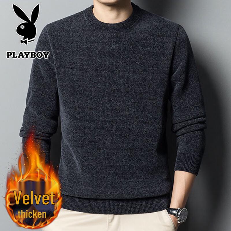 Playboy Men's Fleece-Lined Round Neck Pullover Sweater
