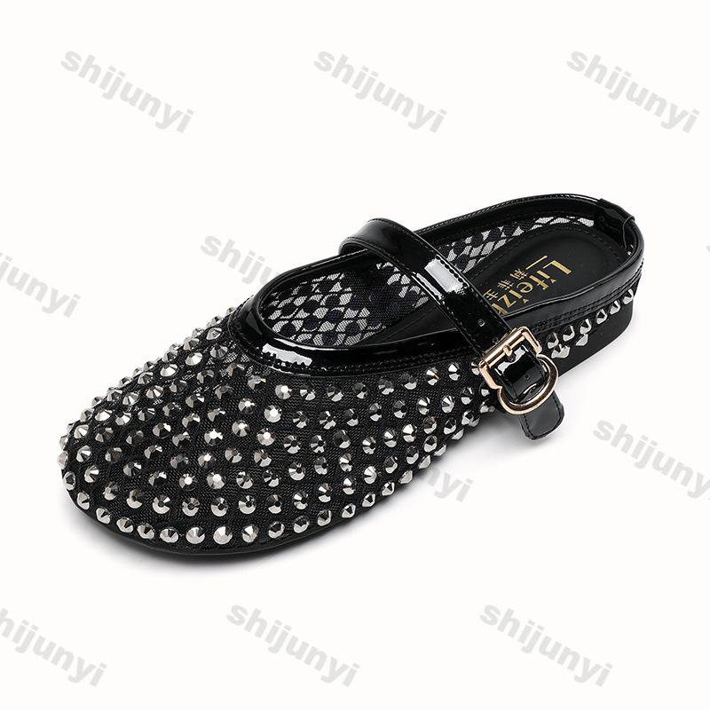 Fashion Women's Shoes 2025 Summer Size 43 Rhinestone Sandals Comfortable Buckle Strap Flats Lightweight Hollow Breathable Slippers