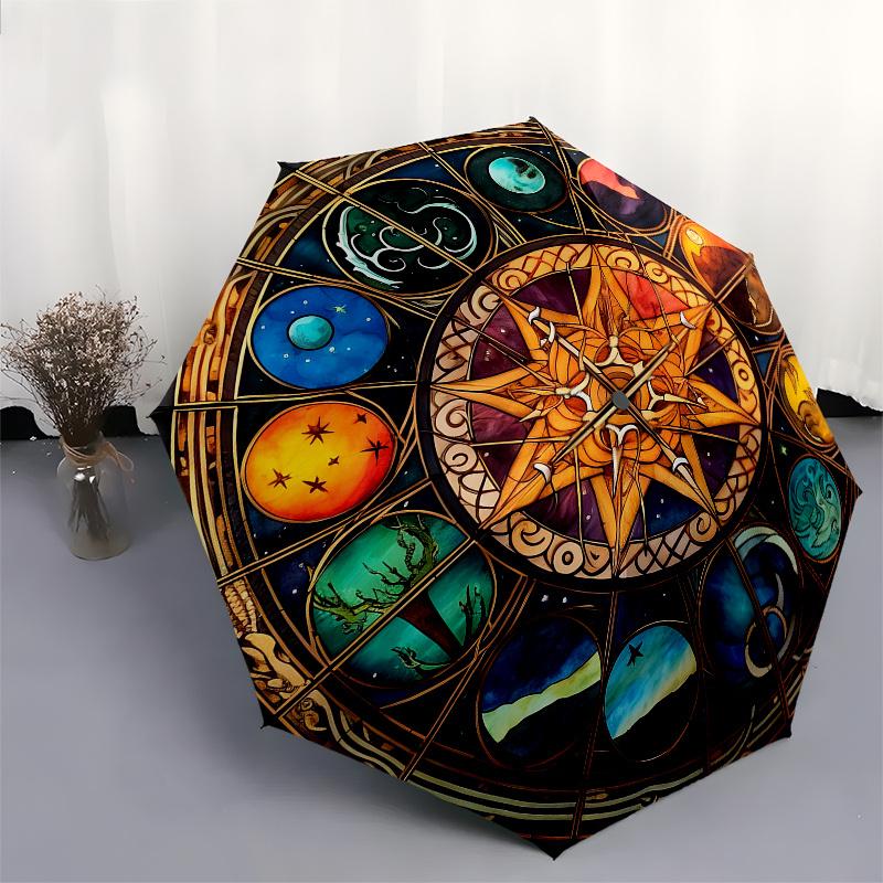 Astrological Wheel Stained Glass Wall Art Umbrella, Cute Umbrella with Cute Design, Portable 3-Fold Compact Umbrella for Men & Women, Valentine's Day