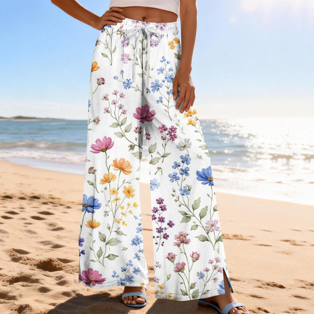 Women Summer Boho Palazzo Pants High Waist Wide Leg Printing Casual Trousers With Pockets