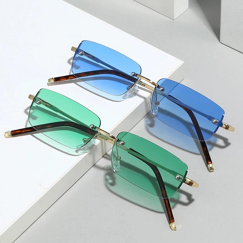  Fashion Rectangle Women Sunglasses Vintage Rimless Clear Ocean Gradient Lens Men UV400 Trending Sun Glasses