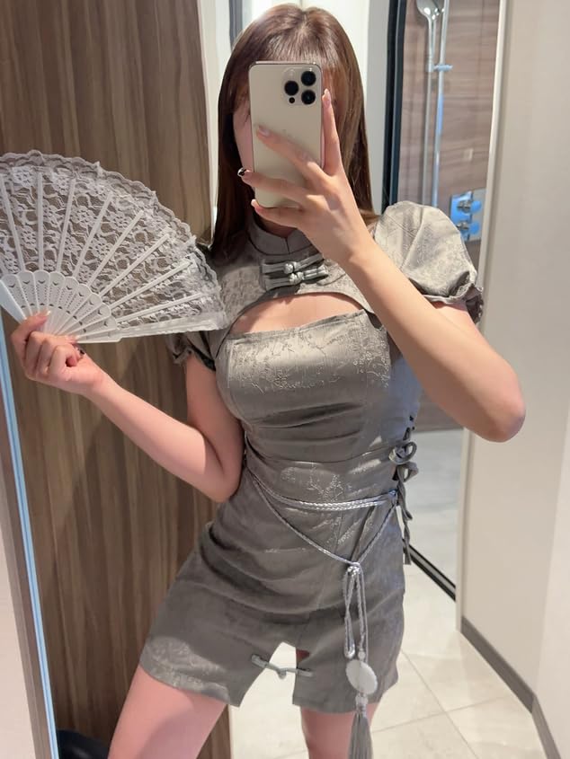 Chinese Chinese One Chinese Short Waist Set of 2 [Rhowena] Dress, Cosplay, Sexy, Clothes, Piece, Modern, Style, Costume, Dress, Cute, Sleeve, Gray,