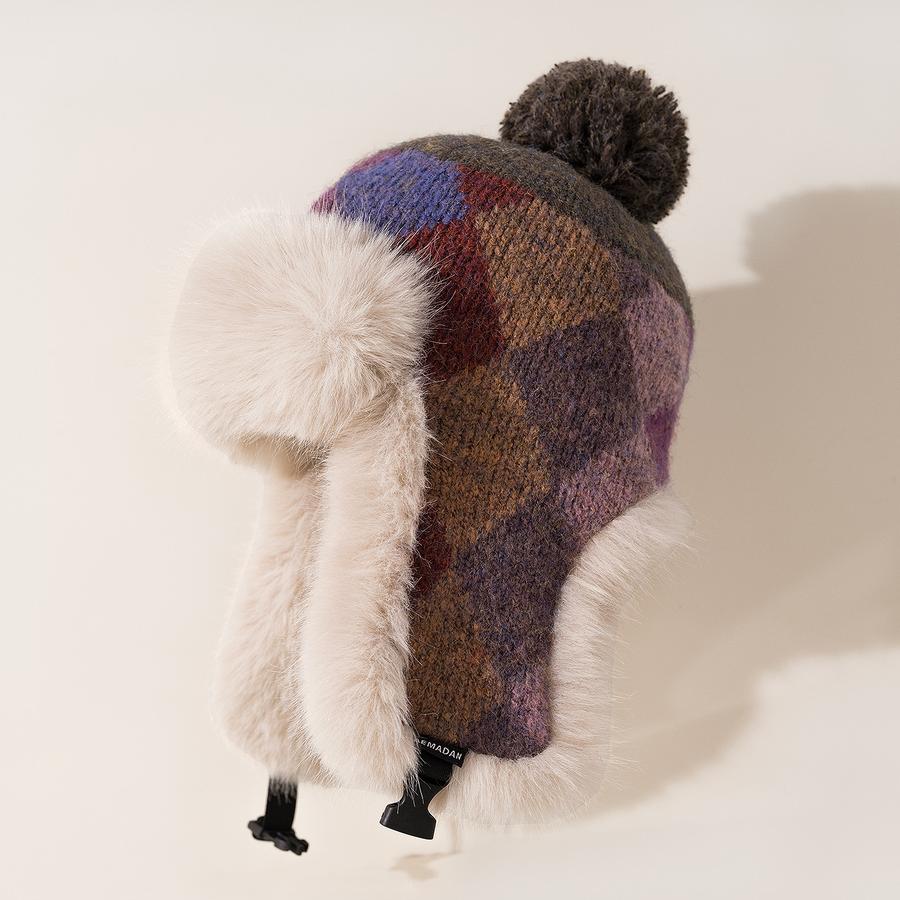 

Vintage Knitted Pom-Pom Beanie Hat for Women, Winter Skiing Fleece-Lined Warm Earflap Hat One Size
