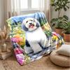 Fluffy Dog In Flower Garden Theme Blanket Lightweight Warm Flannel Blanket Decorative Throw Blanket for Home Decoration
