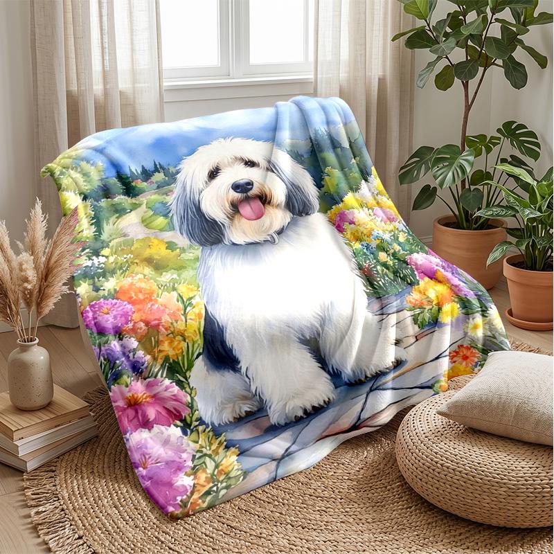 Fluffy Dog In Flower Garden Theme Blanket Lightweight Warm Flannel Blanket Decorative Throw Blanket for Home Decoration