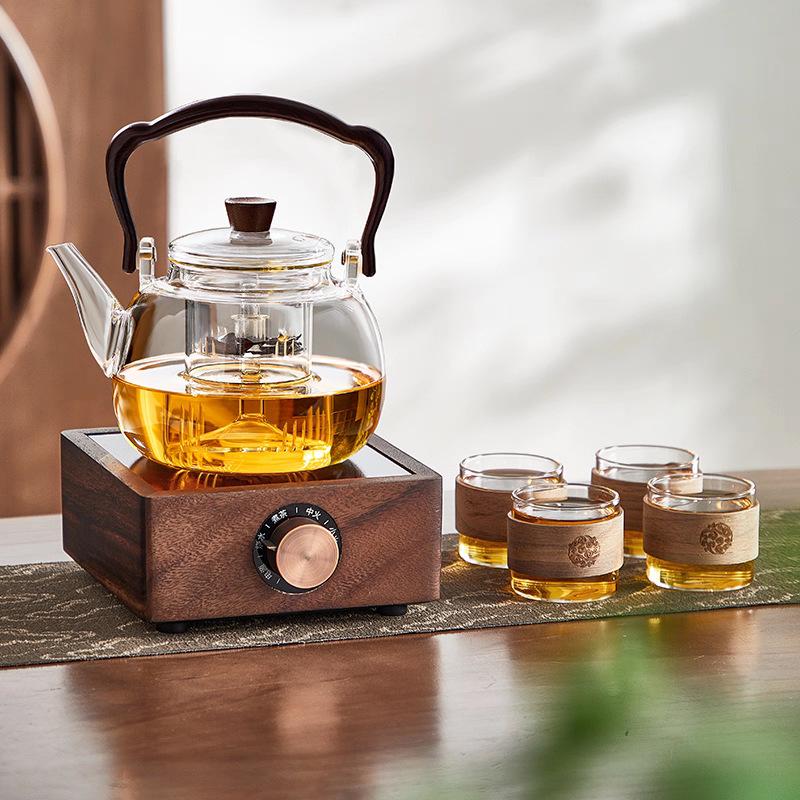 Walnut Wood Electric Ceramic Tea Brewing Set - Glass Kettle and Heat-Resistant Stove