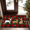 Winylowy świąteczny dywan w kratę, z nadrukiem Świętego Mikołaja i jeleni, wytrzymała i antypoślizgowa dekoracja domu