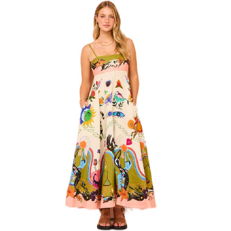Sexy women's cotton and linen suspender graffiti print sleeveless big swing dress