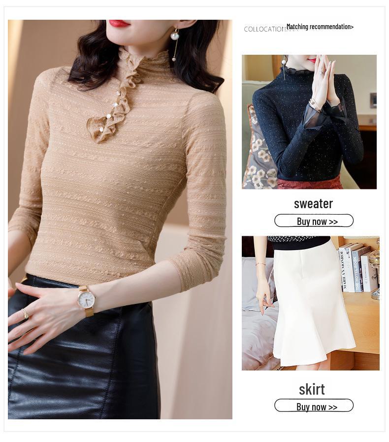 Aiyimaiyi 2023 Women's Autumn Mesh Lace Slim Fit Blouse with Half-High Collar