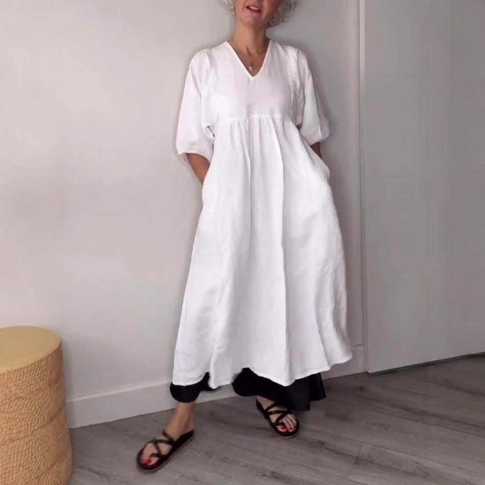 Autumn Women's Cotton & Linen V-Neck Ruffled Casual Pocket Dress