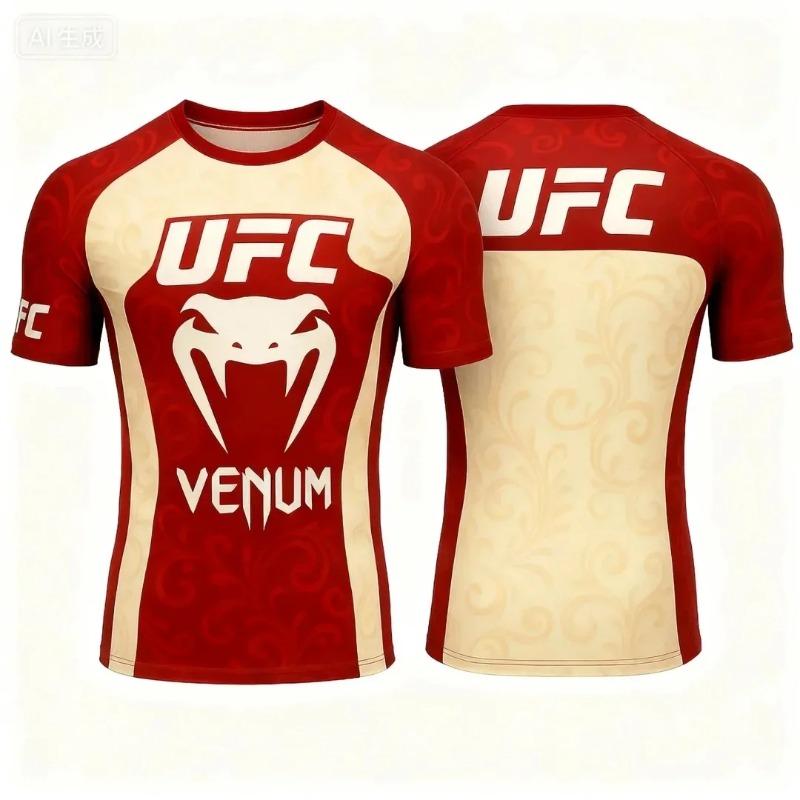 UFC Venum Flame Print Compression Rashguard Men Quick Dry MMA BJJ Training Short Sleeve T Shirt Gym Workout Athletic Top Black