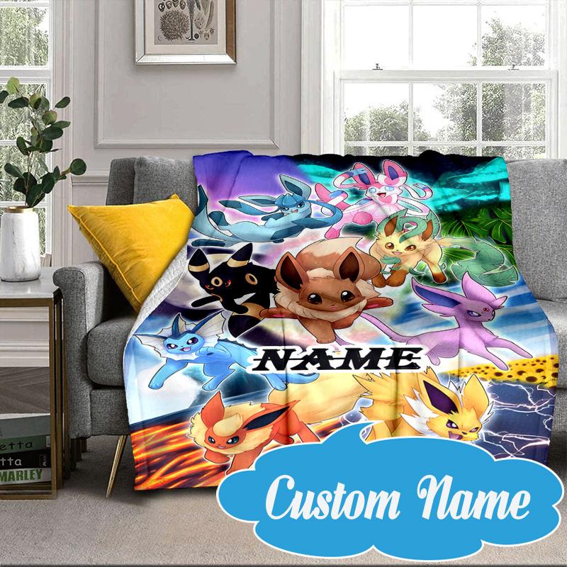 Custom Name Blanket Eeveelutions Moonlit Flannel blankets Patterns Throw Blanket All-Season Soft Gift for Couch, Bed, Camping Birthday gifts