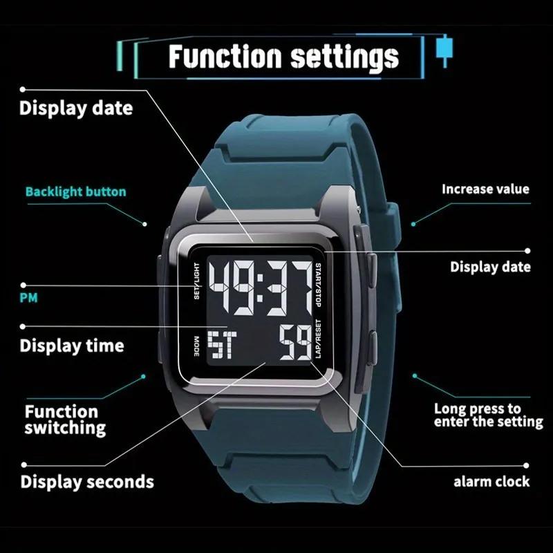 Reloj Electrónico Deportivo Cuadrado Estilo  Vida  Los Hombres Relojes Impermeables  Pulsera Luminoso Multifunción