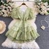 French holiday style sweet floral V-neck bubble sleeve dress women's spring and autumn waist and thin chiffon ruffle skirt