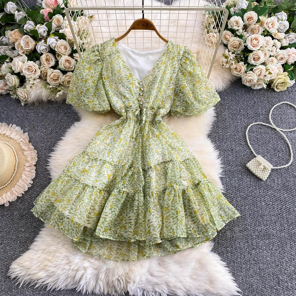 French holiday style sweet floral V-neck bubble sleeve dress women's spring and autumn waist and thin chiffon ruffle skirt