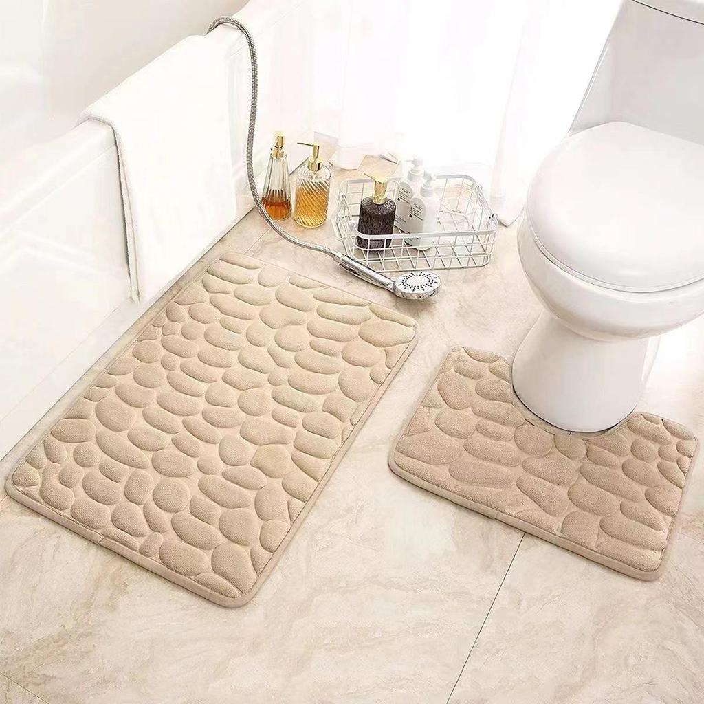 Embossed Coral Fleece Bathroom Floor Mat & U-Shaped Toilet Mat Set - Water Absorbent Design