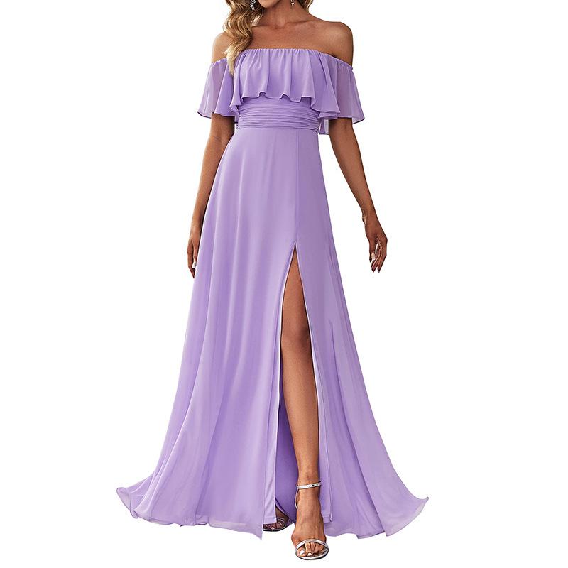 

Элегантное вечернее платье из шифона на одно плечо с короткими рукавами и разрезом