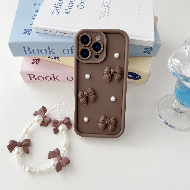 

3D Elegant Bowknot Faux Pearl Chain Phone Case For iPhone 17 Pro Max Air 11 12 13 14 15 16 Pro Short Strap Lanyard Soft Cover For iPhone 17 Air&Case & Strap