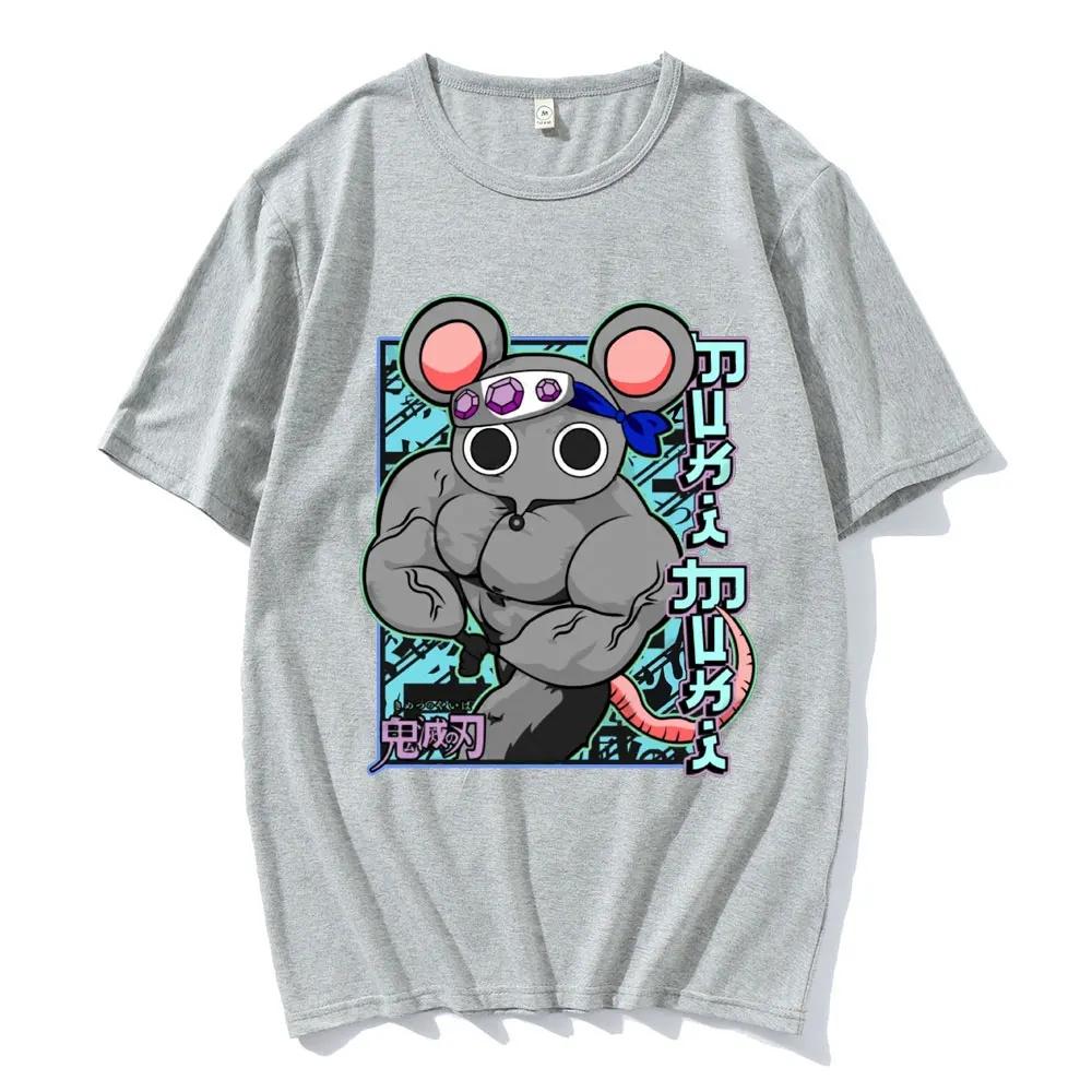 Funny Manga Muscular Ninja Mice Muki Gym T Shirt Anime Demon Slayer Uzui Tengen Women T-shirt Unisex Cotton T Shirts Streetwear